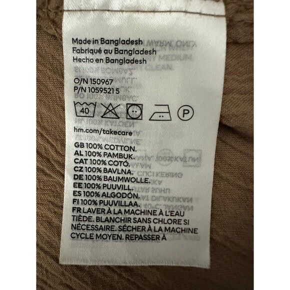 H&M Brown Crinkle Cotton Button Front Midi Shirt Dress S Brown Casual Minimalist - Picture 5 of 12